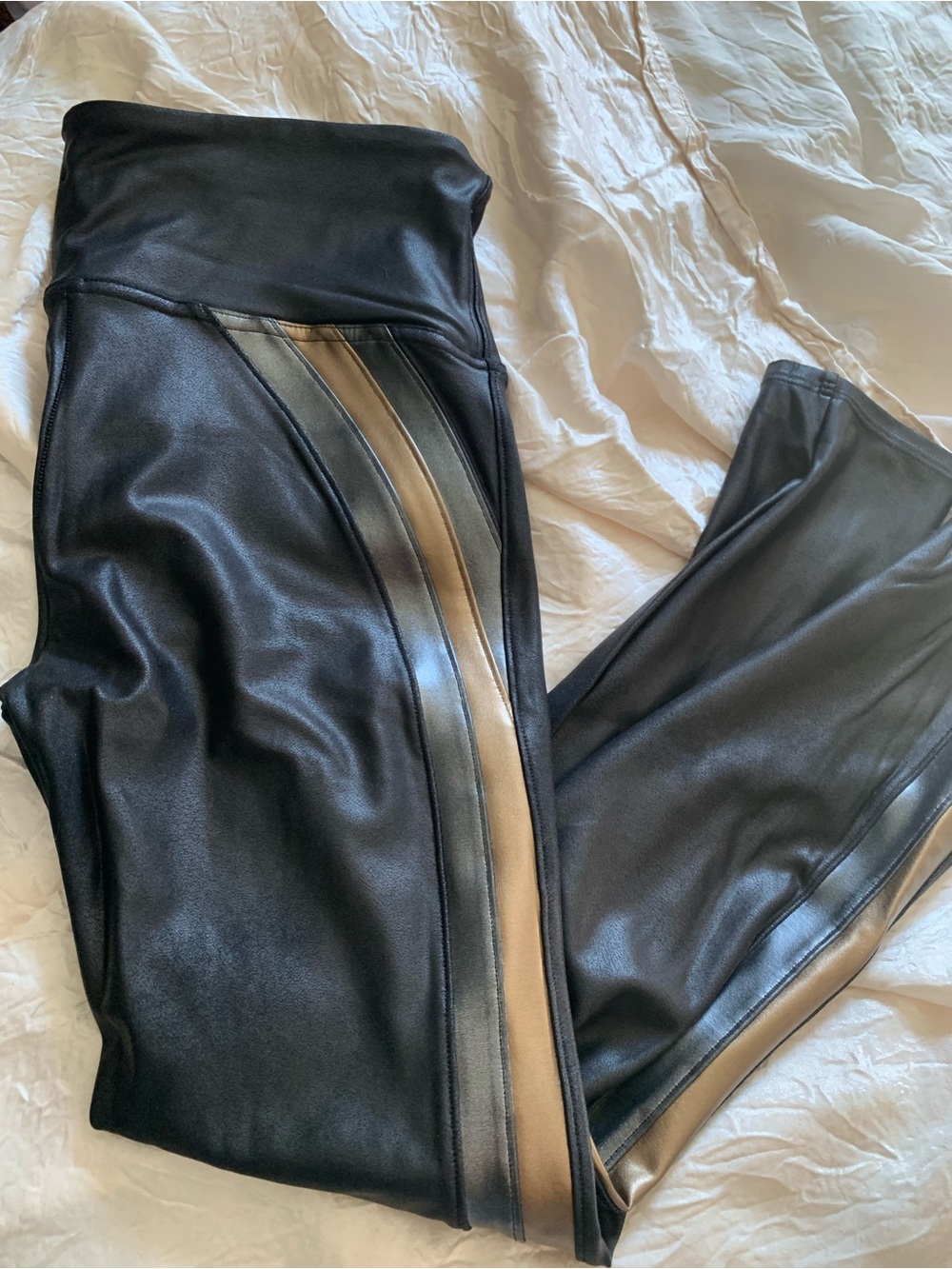 SPANX Black Faux Leather Leggings with Metallic Gold and Silver Stripes on Sides